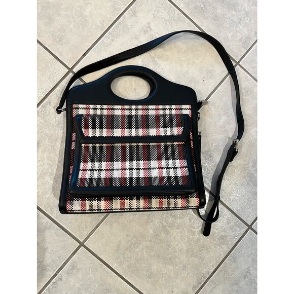 Canvas Leather NWOT Black Red Cream Crossbody Vintage Tote Laptop Briefcase - Picture 1 of 8